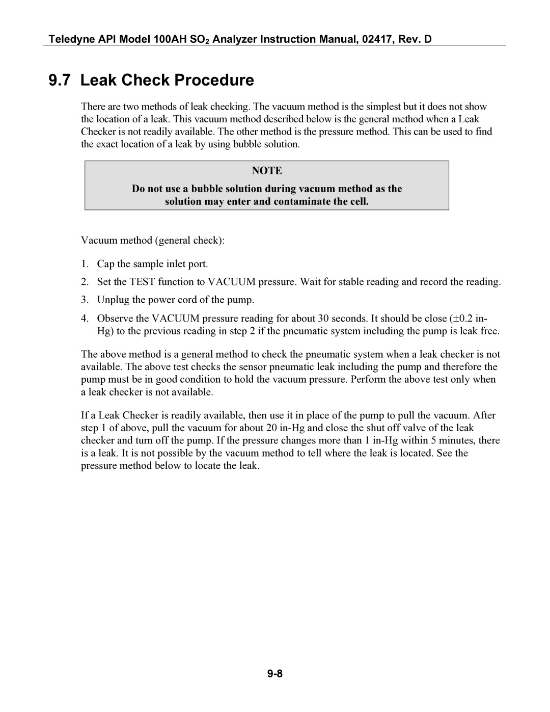 Teledyne 100AH instruction manual Leak Check Procedure 