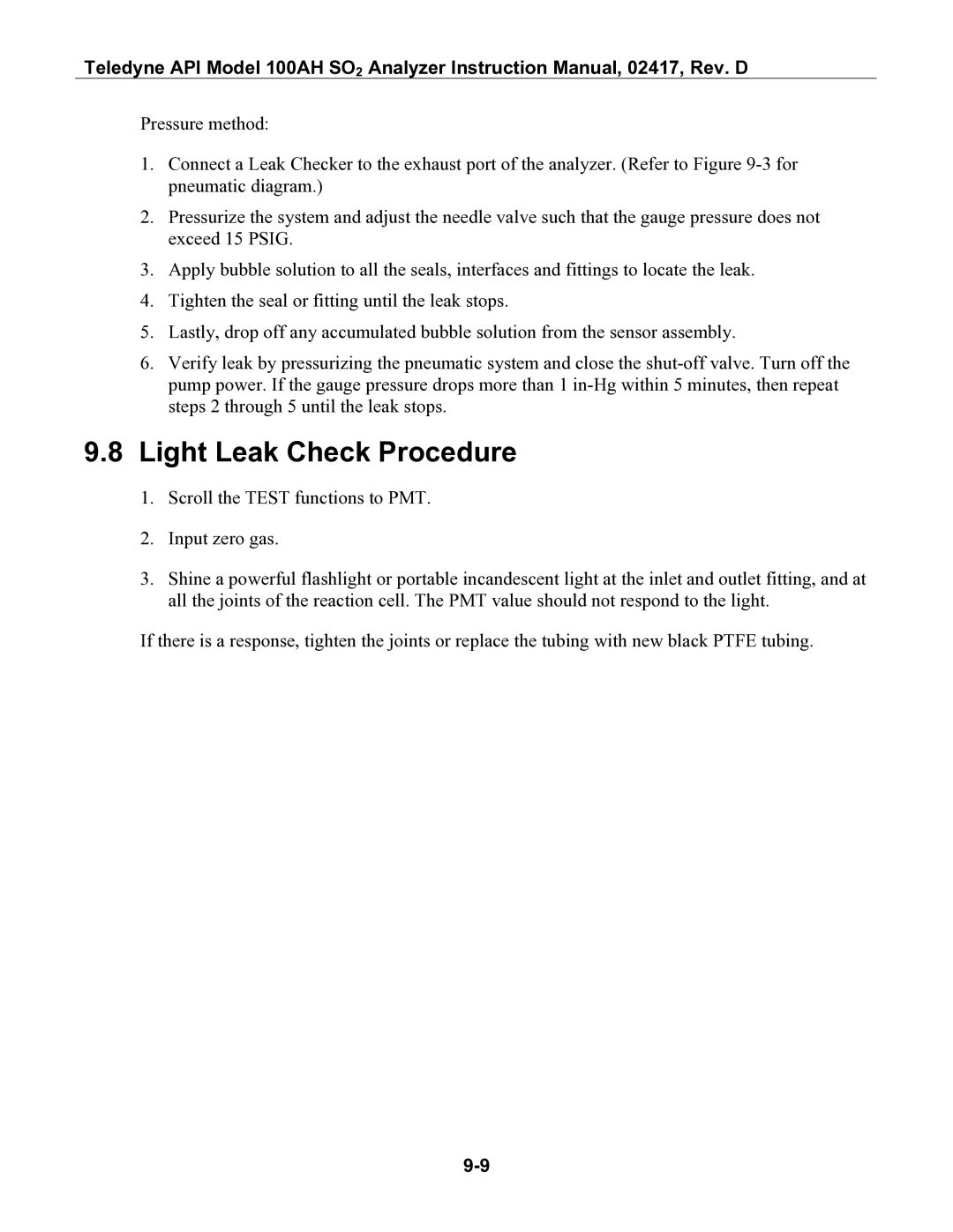 Teledyne 100AH instruction manual Light Leak Check Procedure 