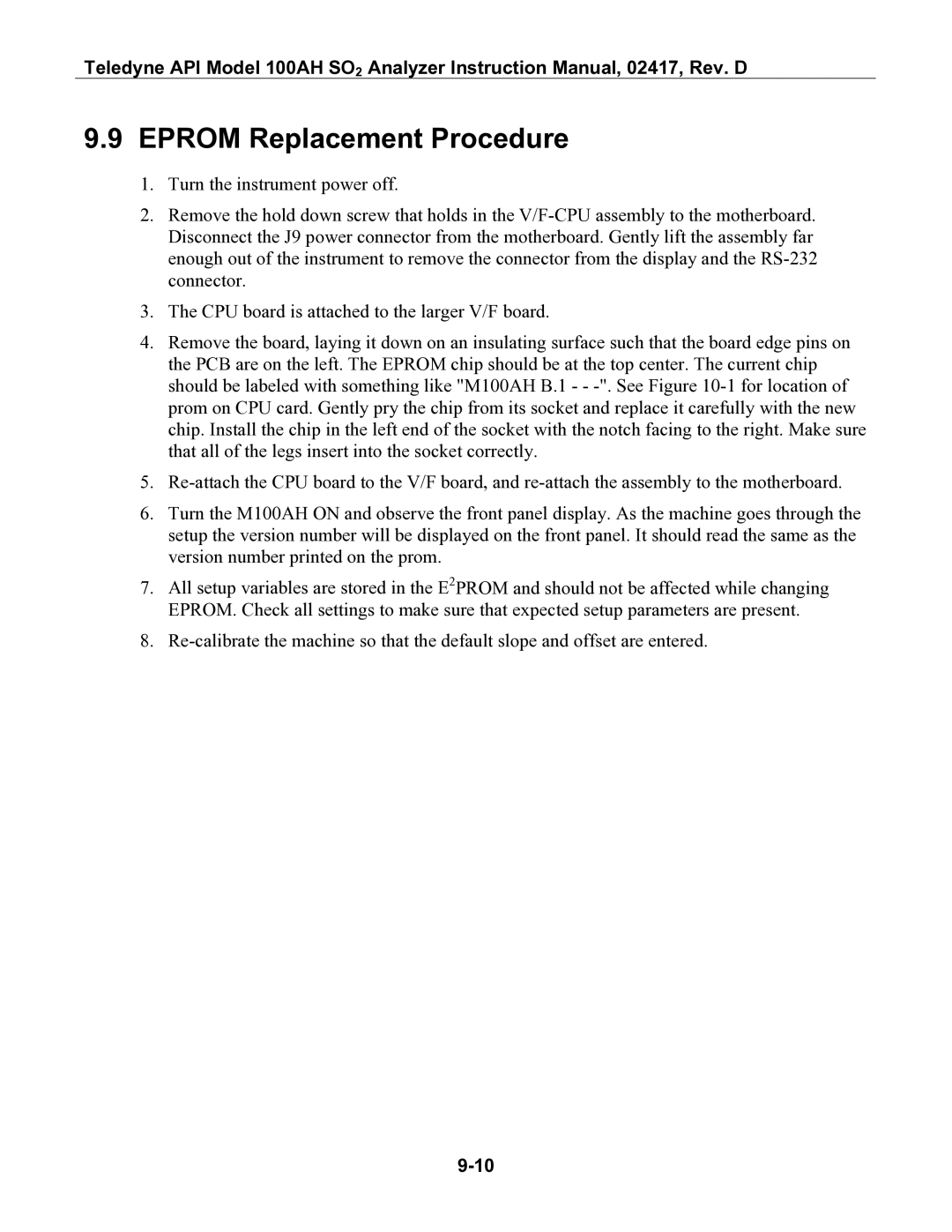 Teledyne 100AH instruction manual Eprom Replacement Procedure 