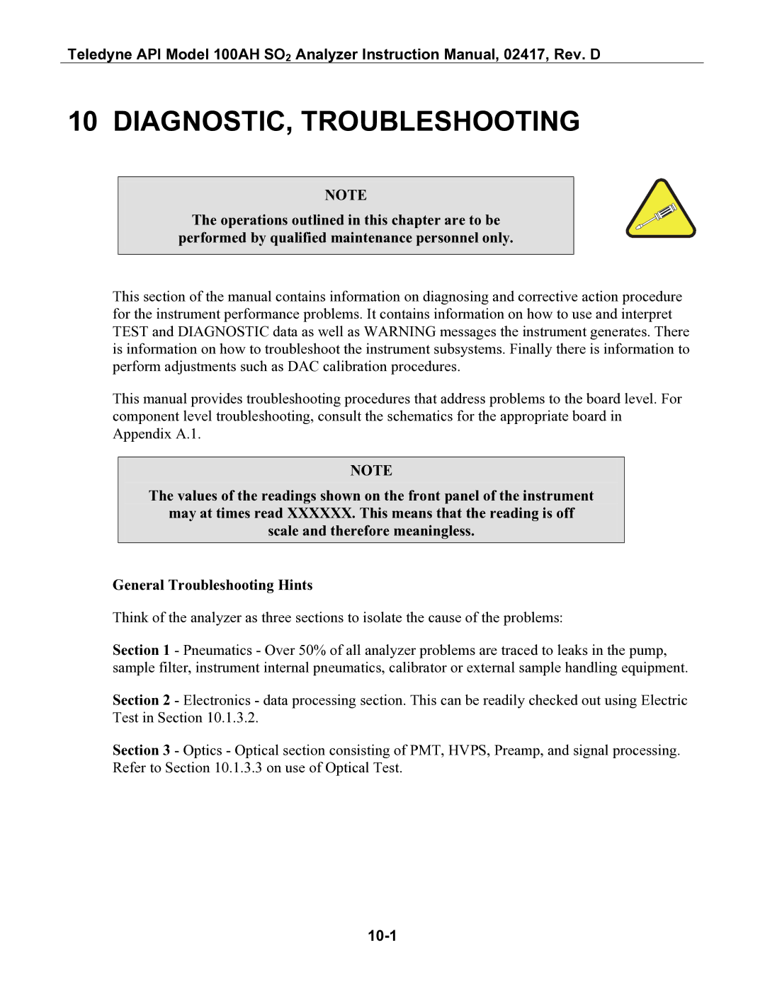 Teledyne 100AH instruction manual DIAGNOSTIC, Troubleshooting, 10-1 