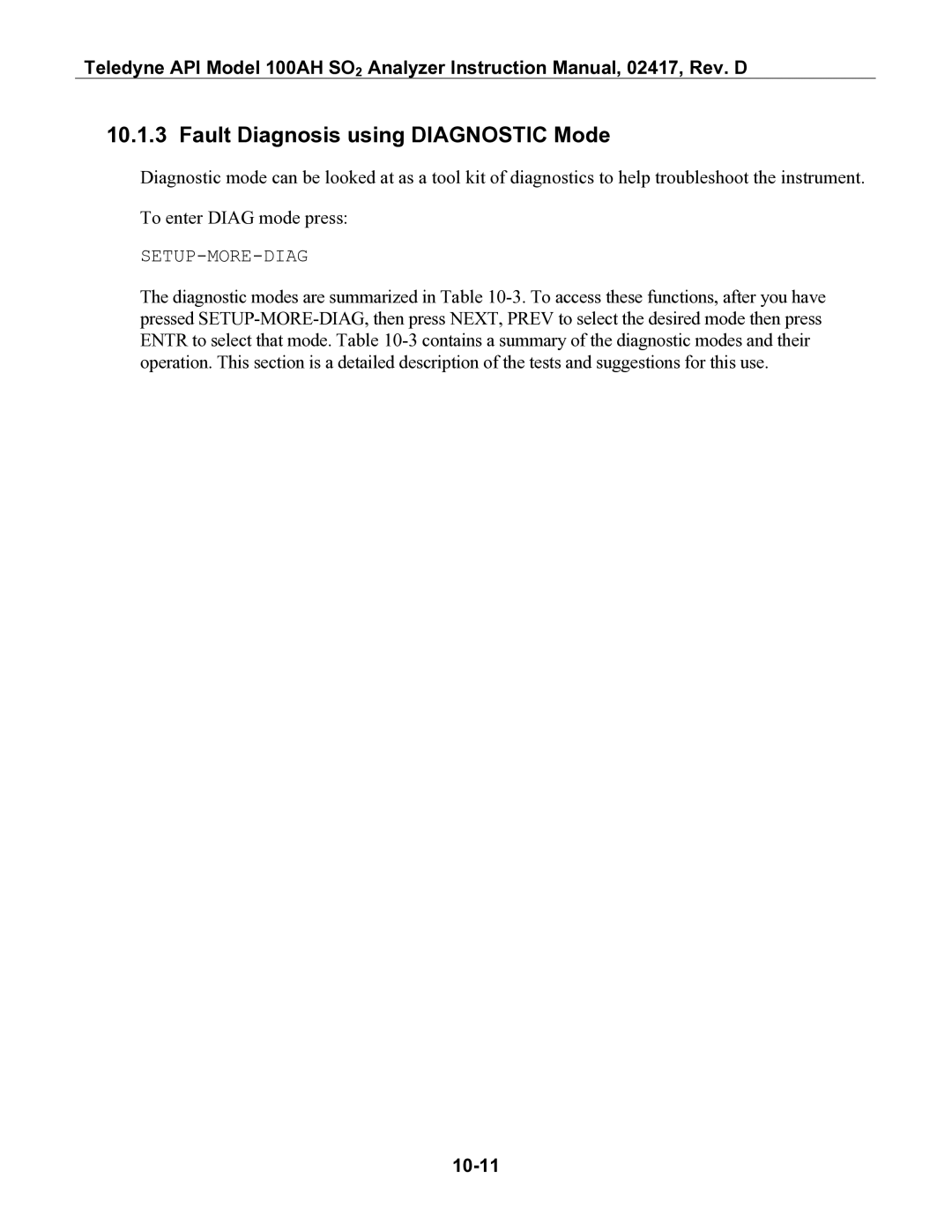 Teledyne 100AH instruction manual Fault Diagnosis using Diagnostic Mode, 10-11 