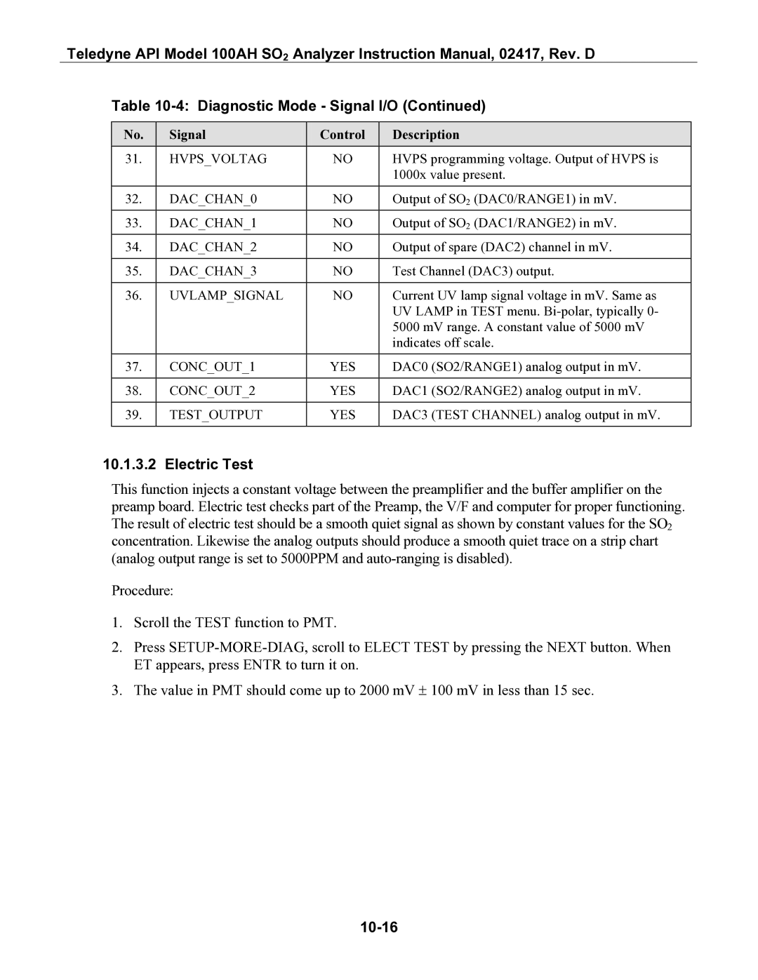 Teledyne 100AH instruction manual Electric Test, 10-16 