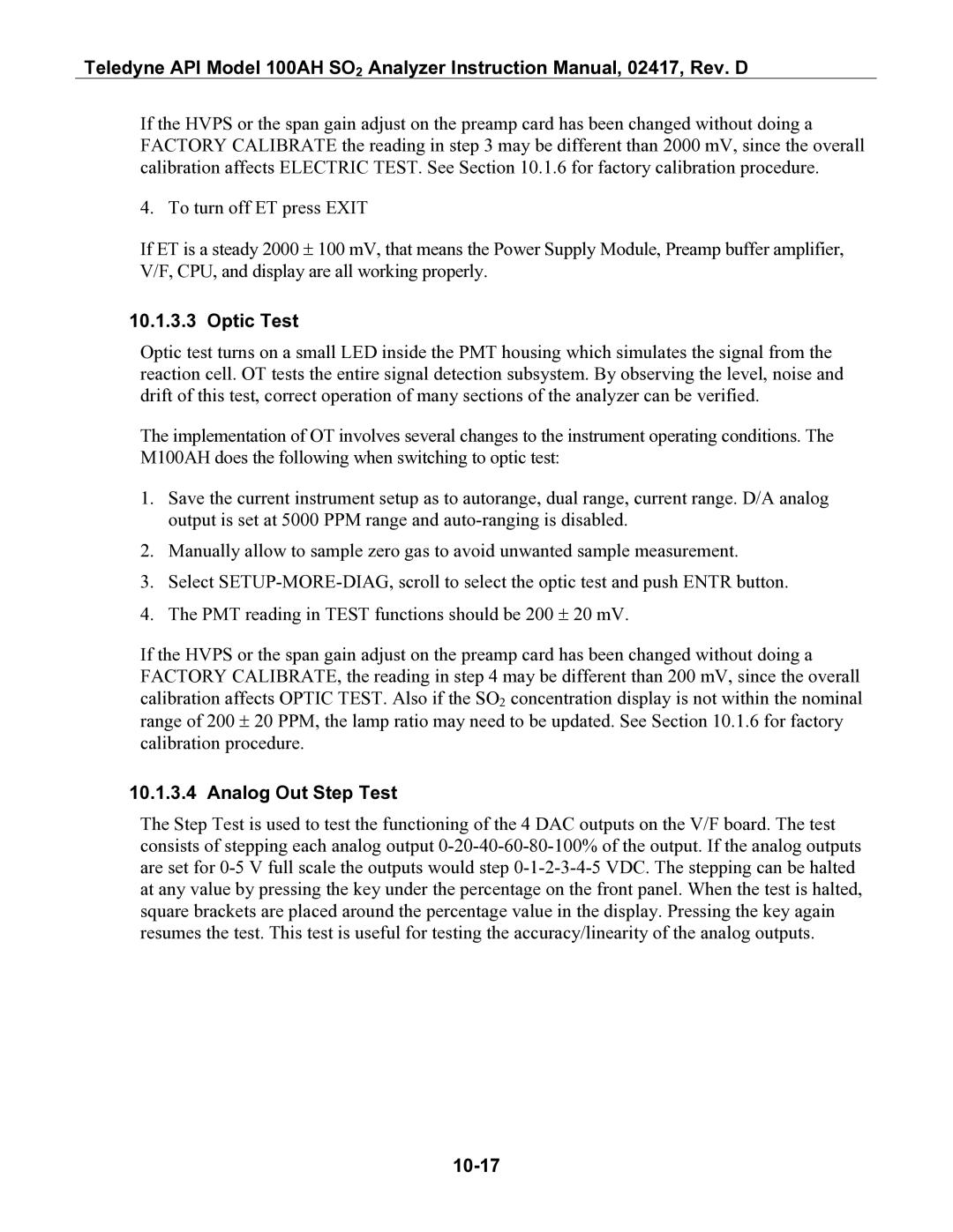 Teledyne 100AH instruction manual Optic Test, Analog Out Step Test, 10-17 