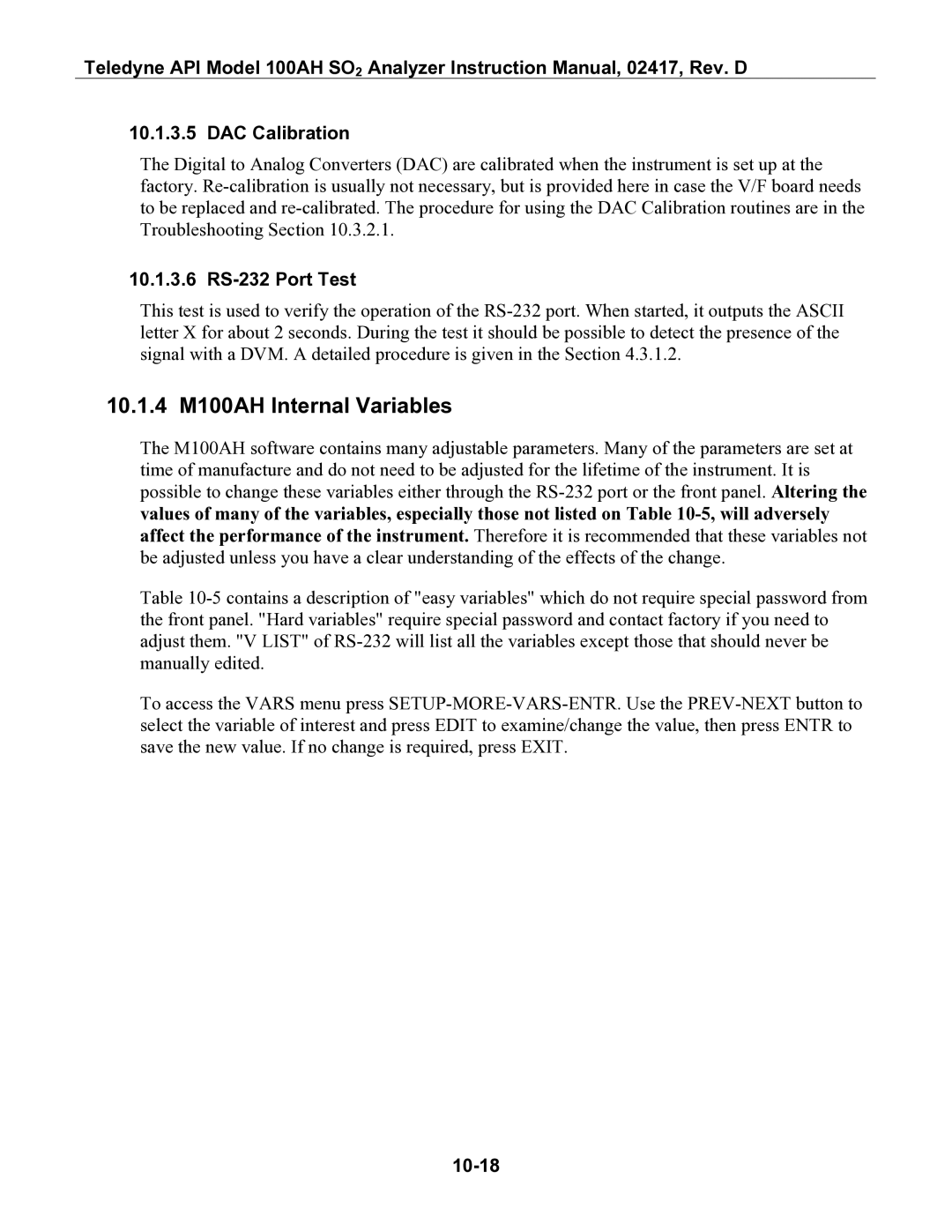 Teledyne instruction manual 10.1.4 M100AH Internal Variables, DAC Calibration, 10.1.3.6 RS-232 Port Test, 10-18 