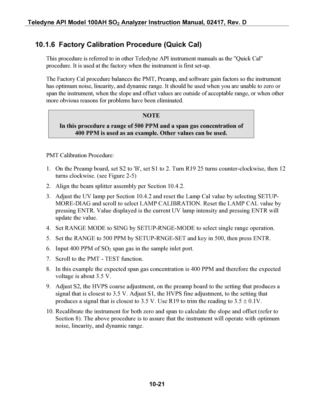 Teledyne 100AH instruction manual Factory Calibration Procedure Quick Cal, 10-21 