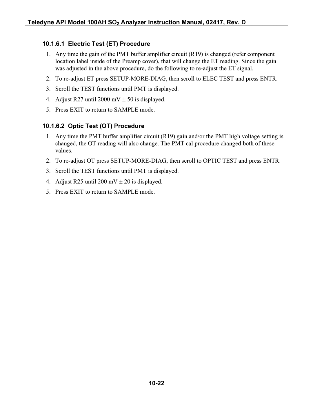 Teledyne 100AH instruction manual Electric Test ET Procedure, Optic Test OT Procedure, 10-22 