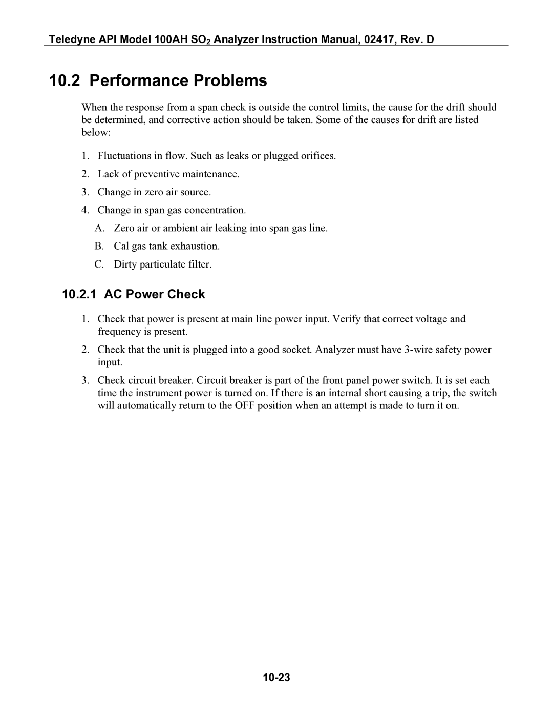 Teledyne 100AH instruction manual Performance Problems, AC Power Check, 10-23 