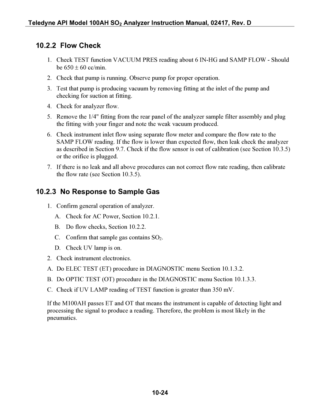 Teledyne 100AH instruction manual Flow Check, No Response to Sample Gas, 10-24 