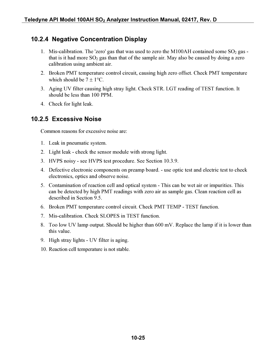 Teledyne 100AH instruction manual Negative Concentration Display, Excessive Noise, 10-25 