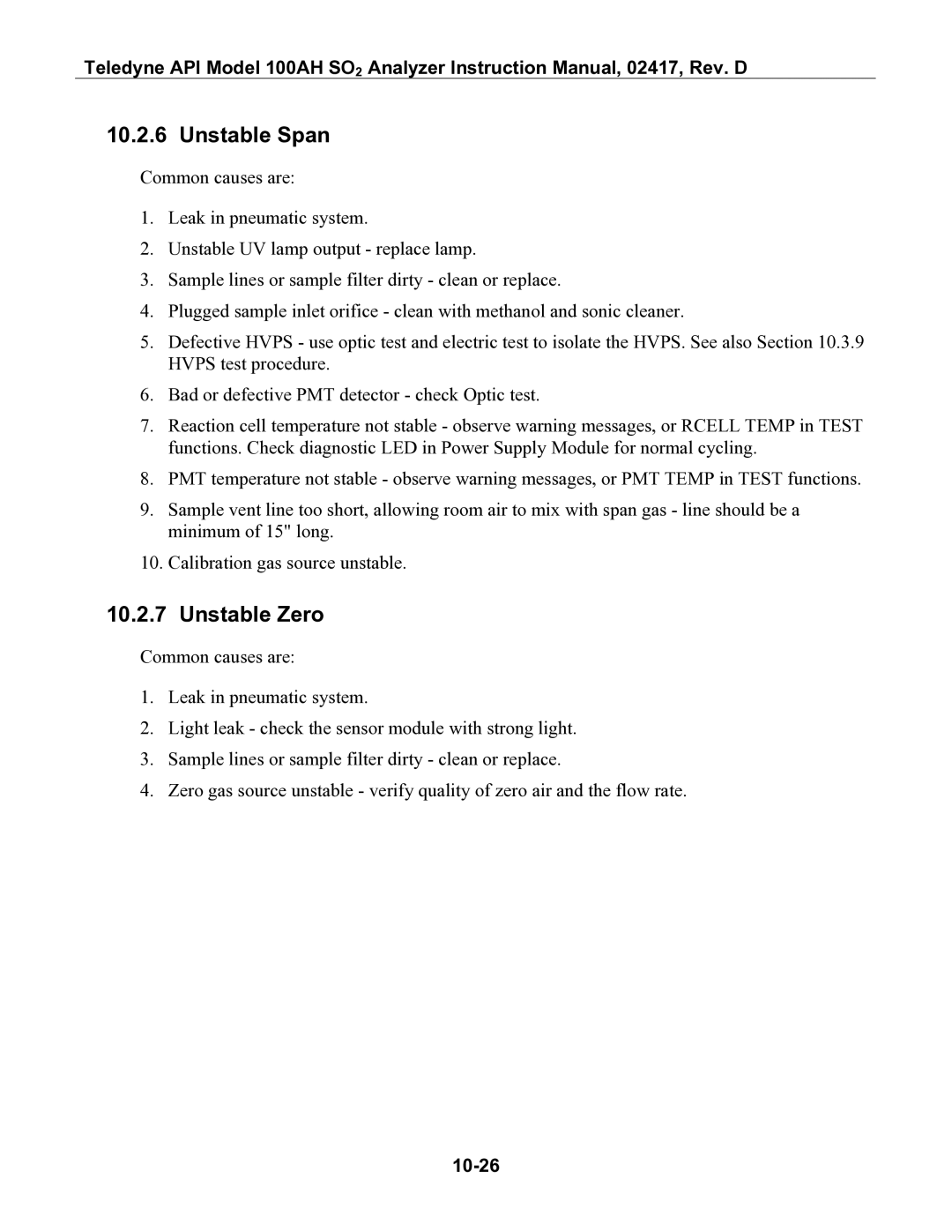 Teledyne 100AH instruction manual Unstable Span, Unstable Zero, 10-26 