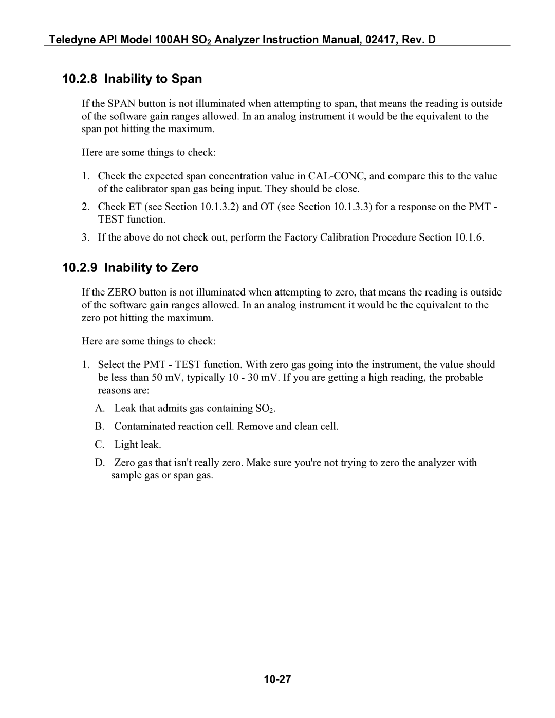 Teledyne 100AH instruction manual Inability to Span, Inability to Zero, 10-27 