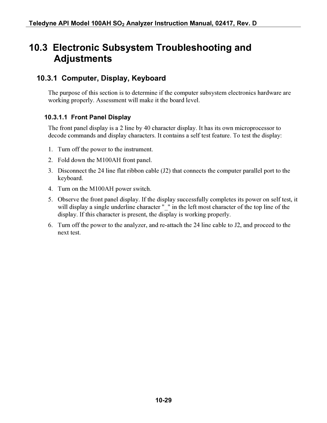 Teledyne 100AH instruction manual Electronic Subsystem Troubleshooting and Adjustments, Computer, Display, Keyboard, 10-29 