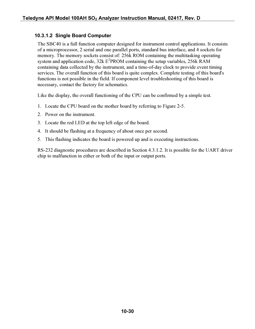 Teledyne 100AH instruction manual Single Board Computer, 10-30 