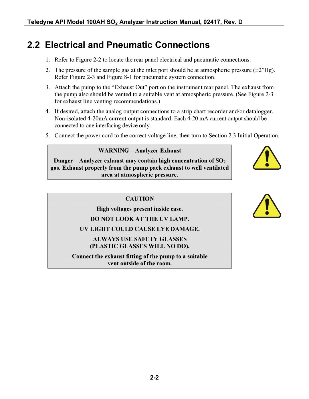 Teledyne 100AH instruction manual Electrical and Pneumatic Connections 