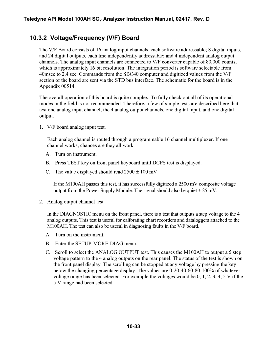 Teledyne 100AH instruction manual Voltage/Frequency V/F Board, 10-33 