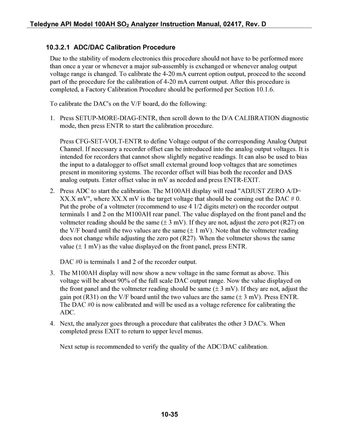 Teledyne 100AH instruction manual 10.3.2.1 ADC/DAC Calibration Procedure, 10-35 