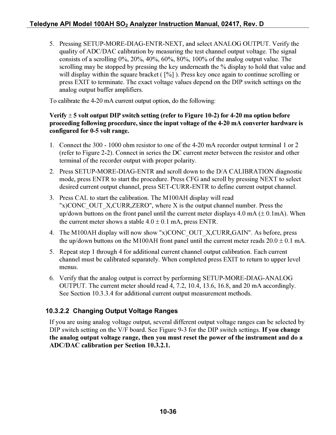 Teledyne 100AH instruction manual Changing Output Voltage Ranges, 10-36 