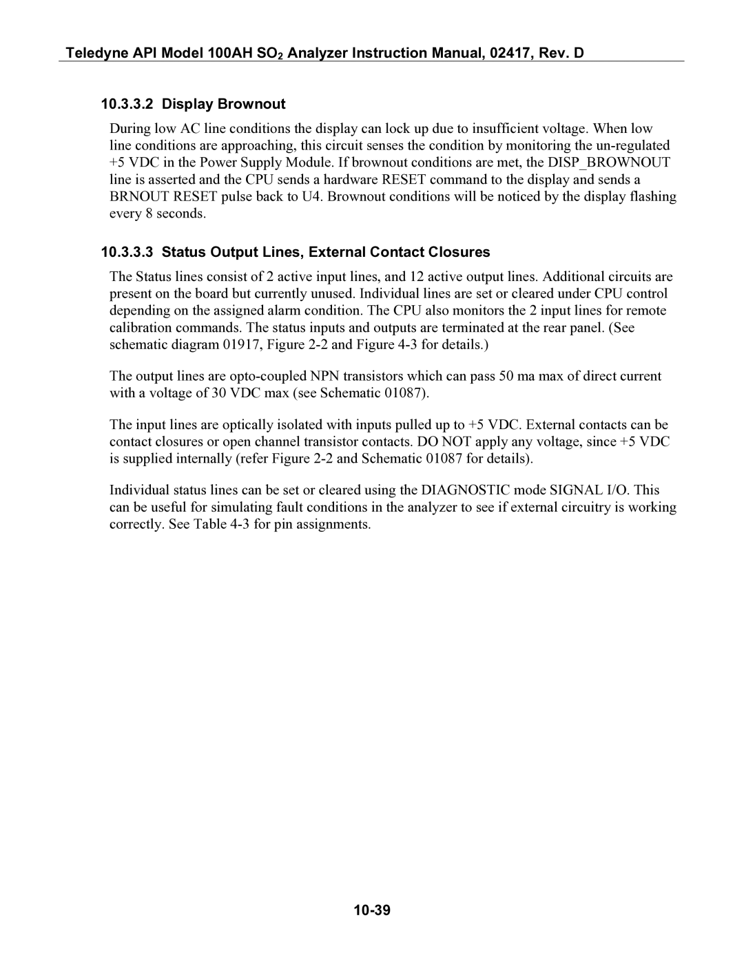 Teledyne 100AH instruction manual Display Brownout, Status Output Lines, External Contact Closures, 10-39 