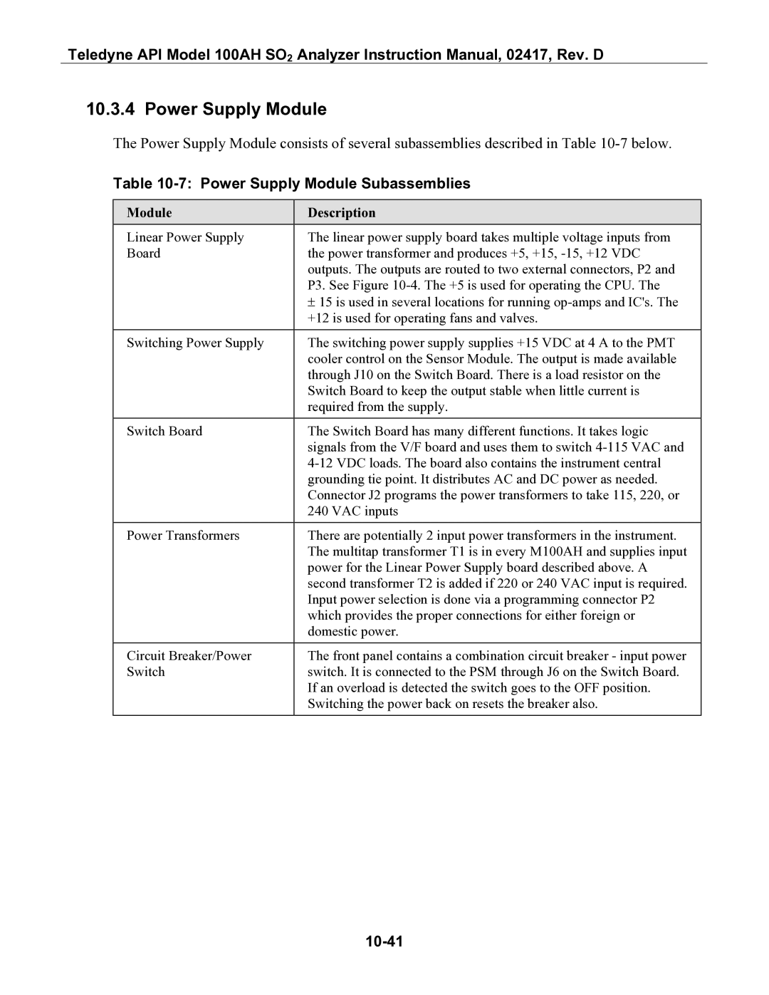 Teledyne 100AH instruction manual Power Supply Module Subassemblies, 10-41, Module Description 