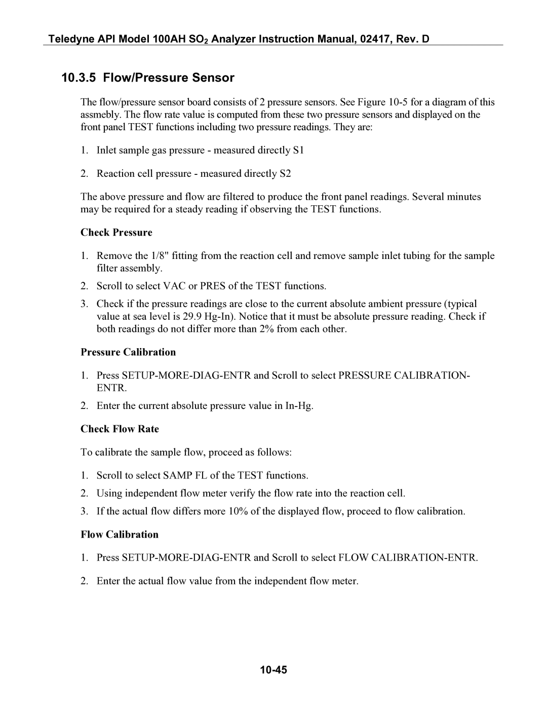 Teledyne 100AH instruction manual Flow/Pressure Sensor, 10-45 