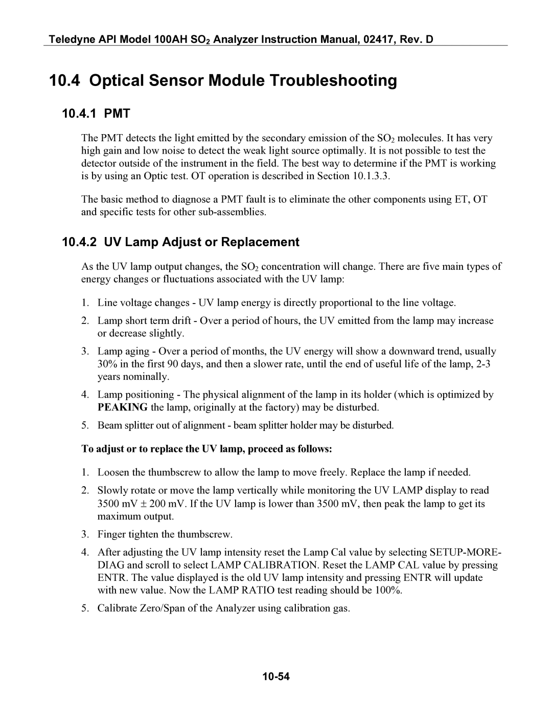 Teledyne 100AH instruction manual Optical Sensor Module Troubleshooting, 10.4.1 PMT, UV Lamp Adjust or Replacement, 10-54 