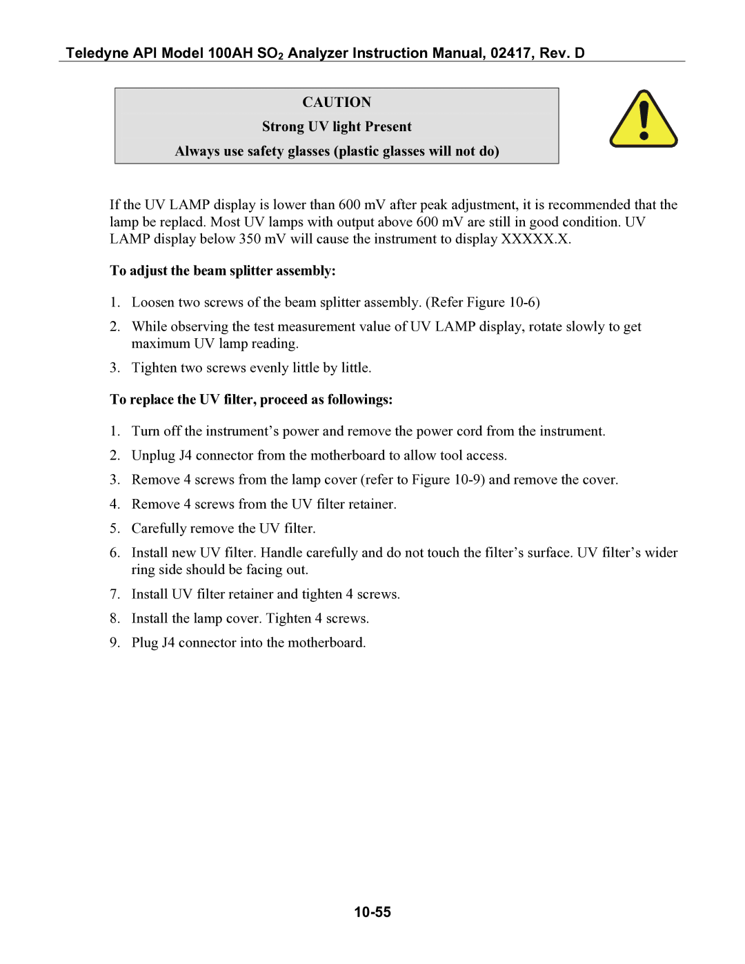 Teledyne 100AH instruction manual To adjust the beam splitter assembly, 10-55 