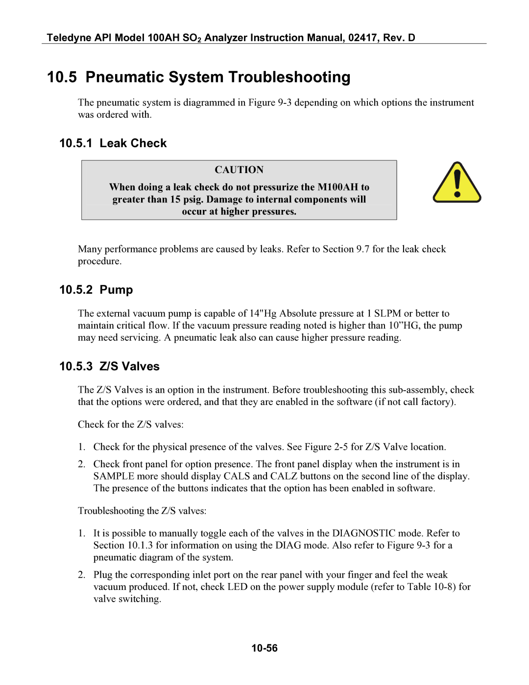 Teledyne 100AH instruction manual Pneumatic System Troubleshooting, Leak Check, Pump, 10.5.3 Z/S Valves, 10-56 