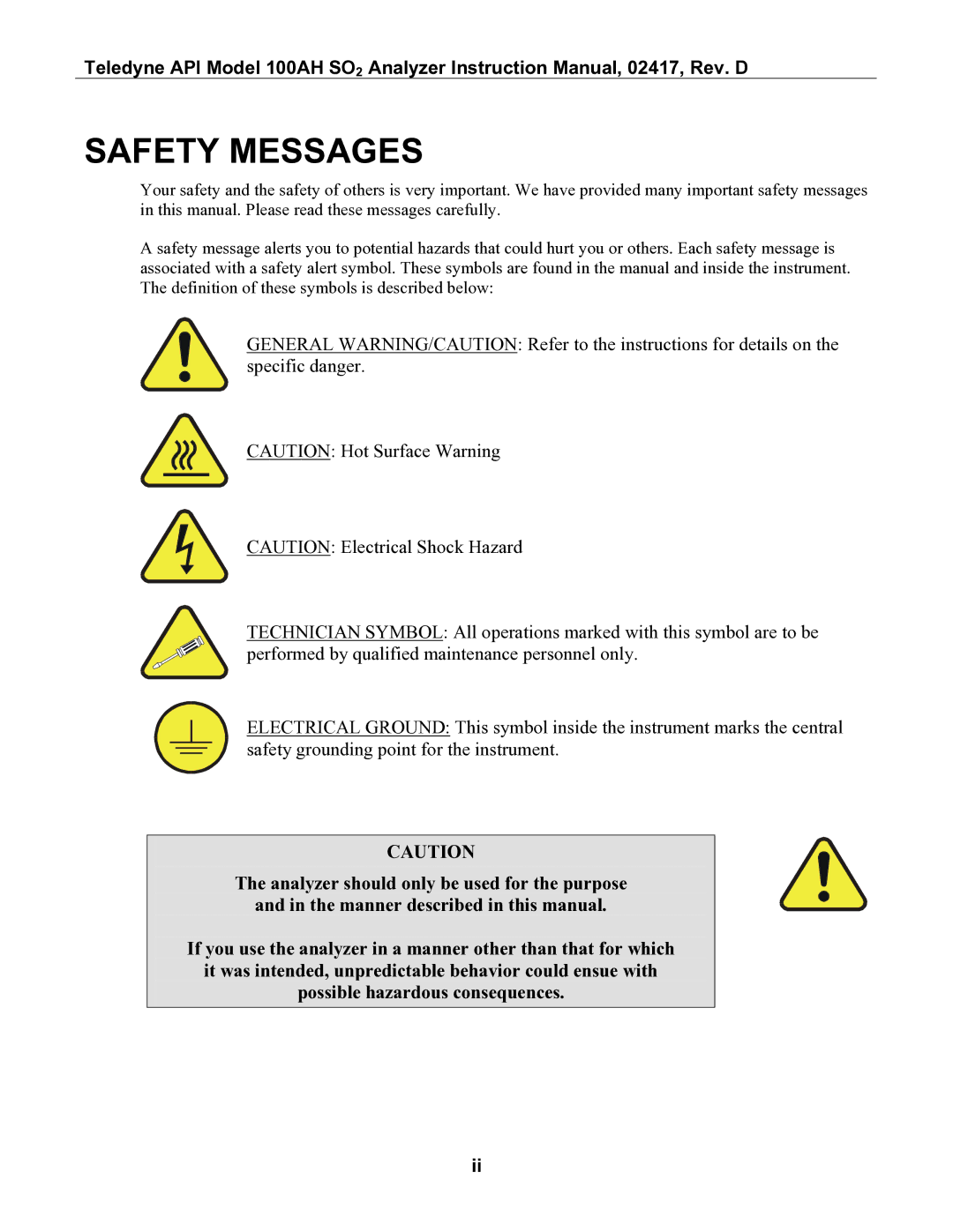 Teledyne 100AH instruction manual Safety Messages 