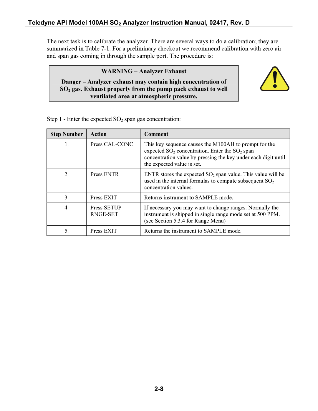 Teledyne 100AH instruction manual Step Number Action Comment, Rnge-Set 