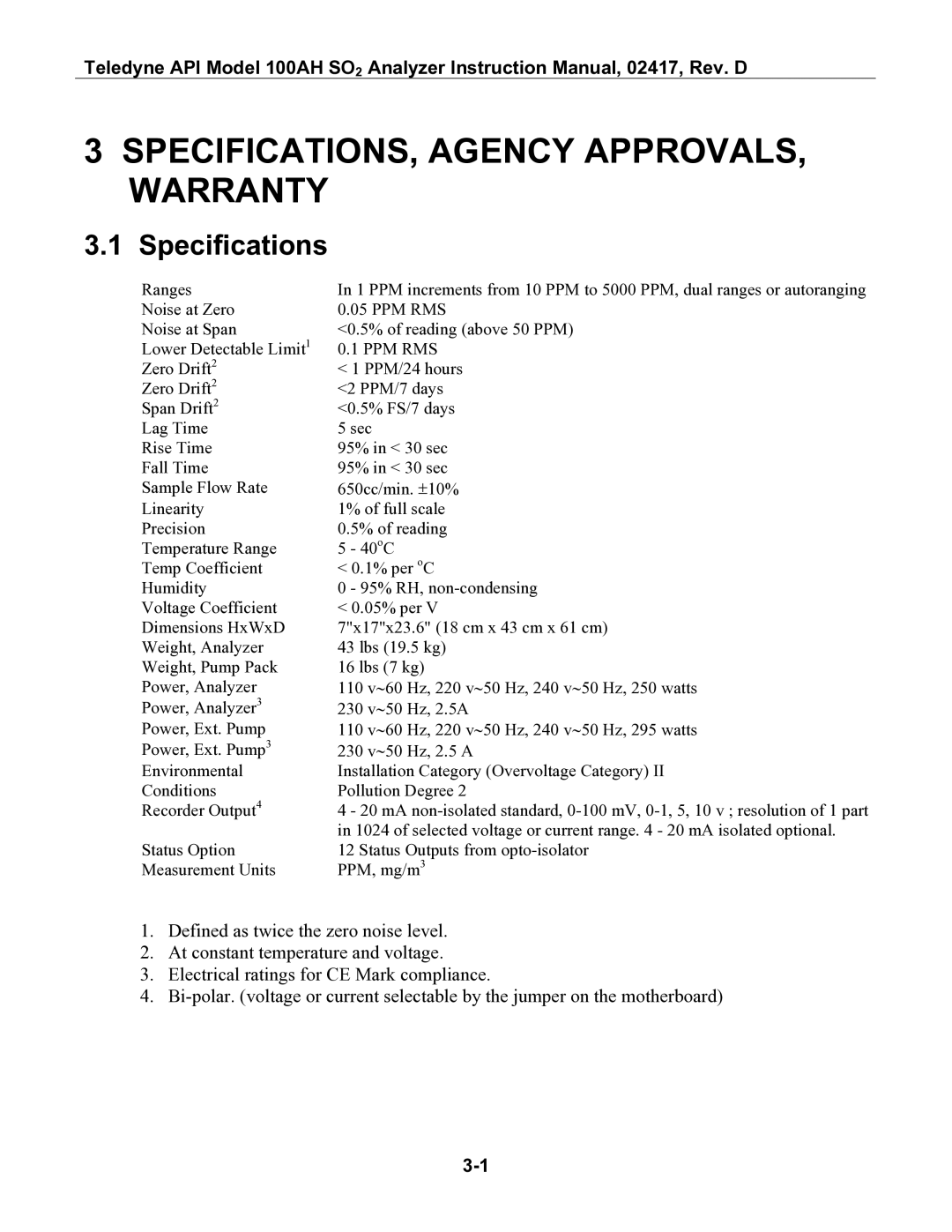 Teledyne 100AH instruction manual SPECIFICATIONS, Agency APPROVALS, Warranty, Specifications, Ppm Rms 