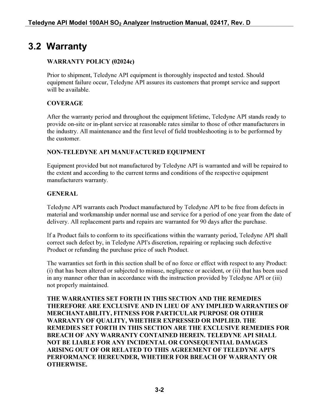 Teledyne 100AH instruction manual Warranty Policy 02024c 