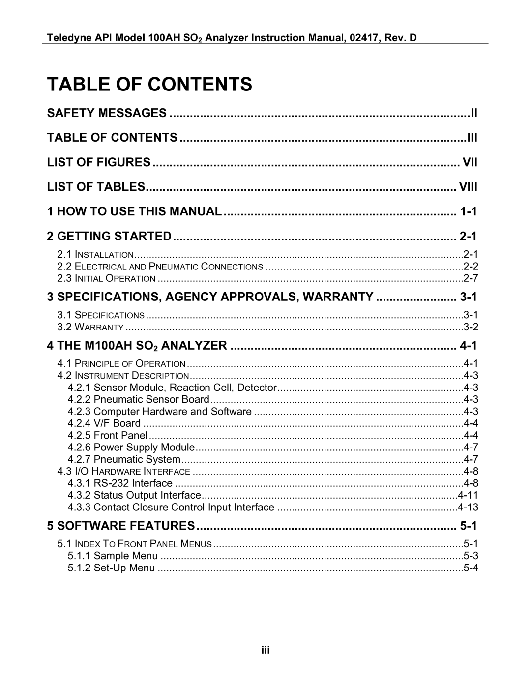 Teledyne 100AH instruction manual Table of Contents 