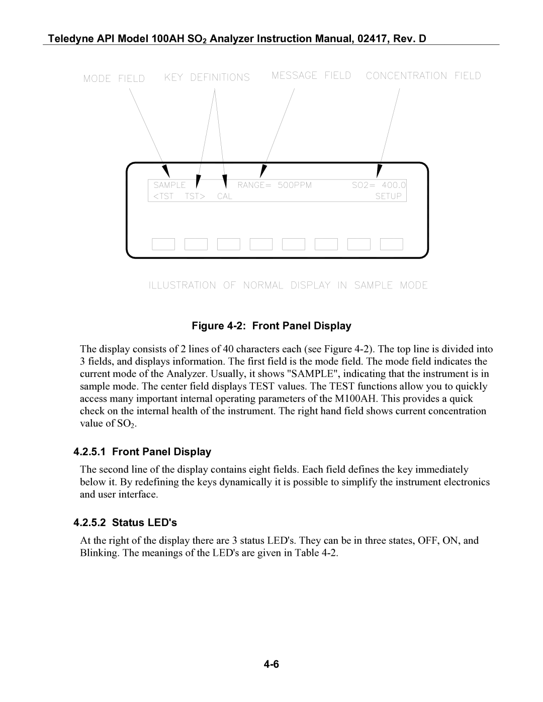 Teledyne 100AH instruction manual Front Panel Display, Status LEDs 