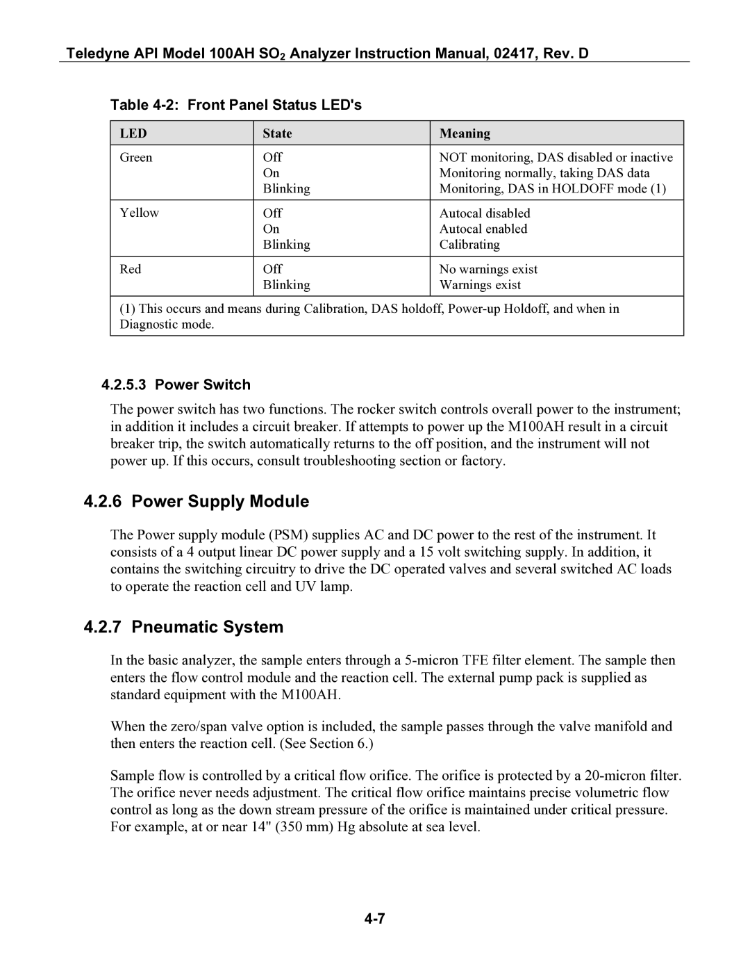 Teledyne 100AH Power Supply Module, Pneumatic System, Front Panel Status LEDs, Power Switch, State Meaning 