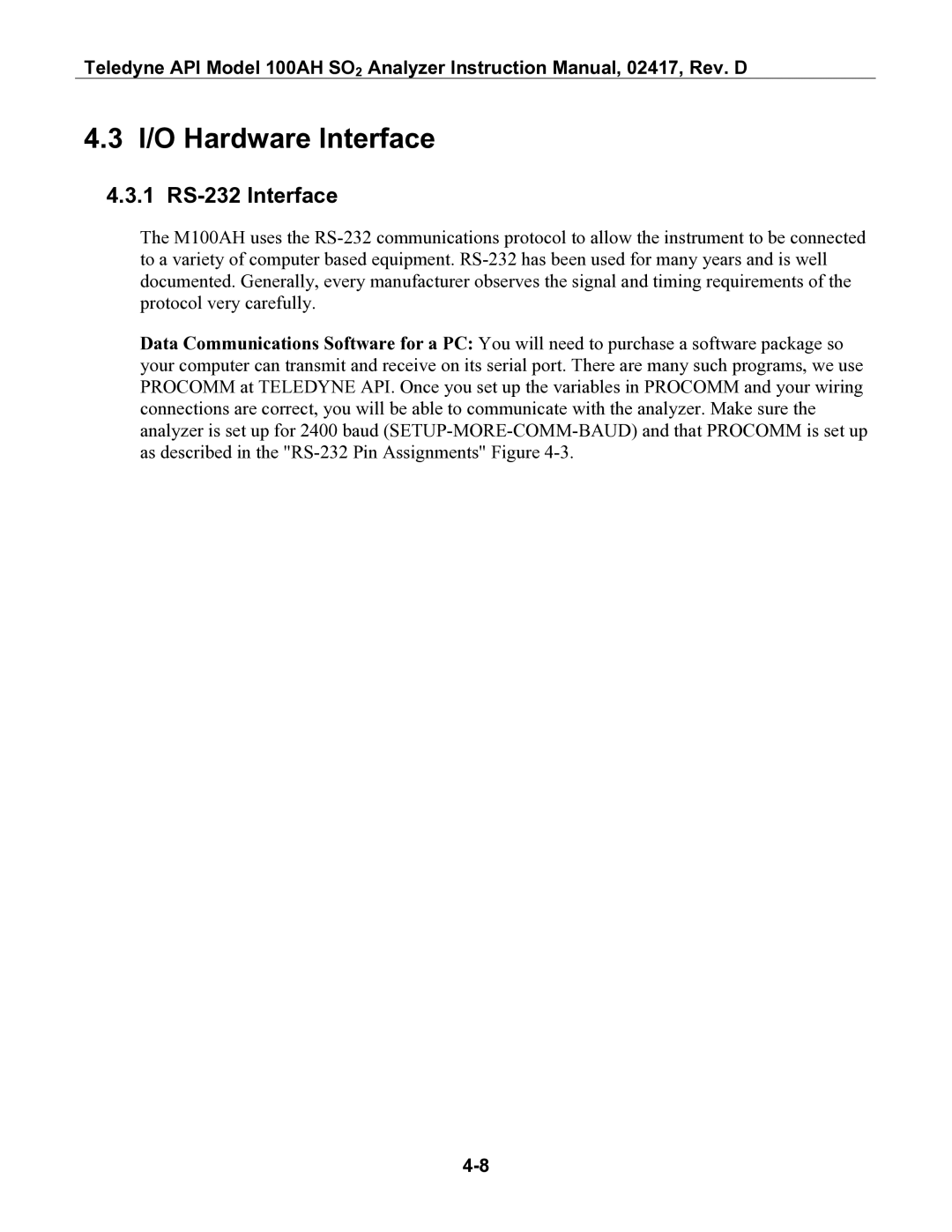 Teledyne 100AH instruction manual I/O Hardware Interface, 1 RS-232 Interface 