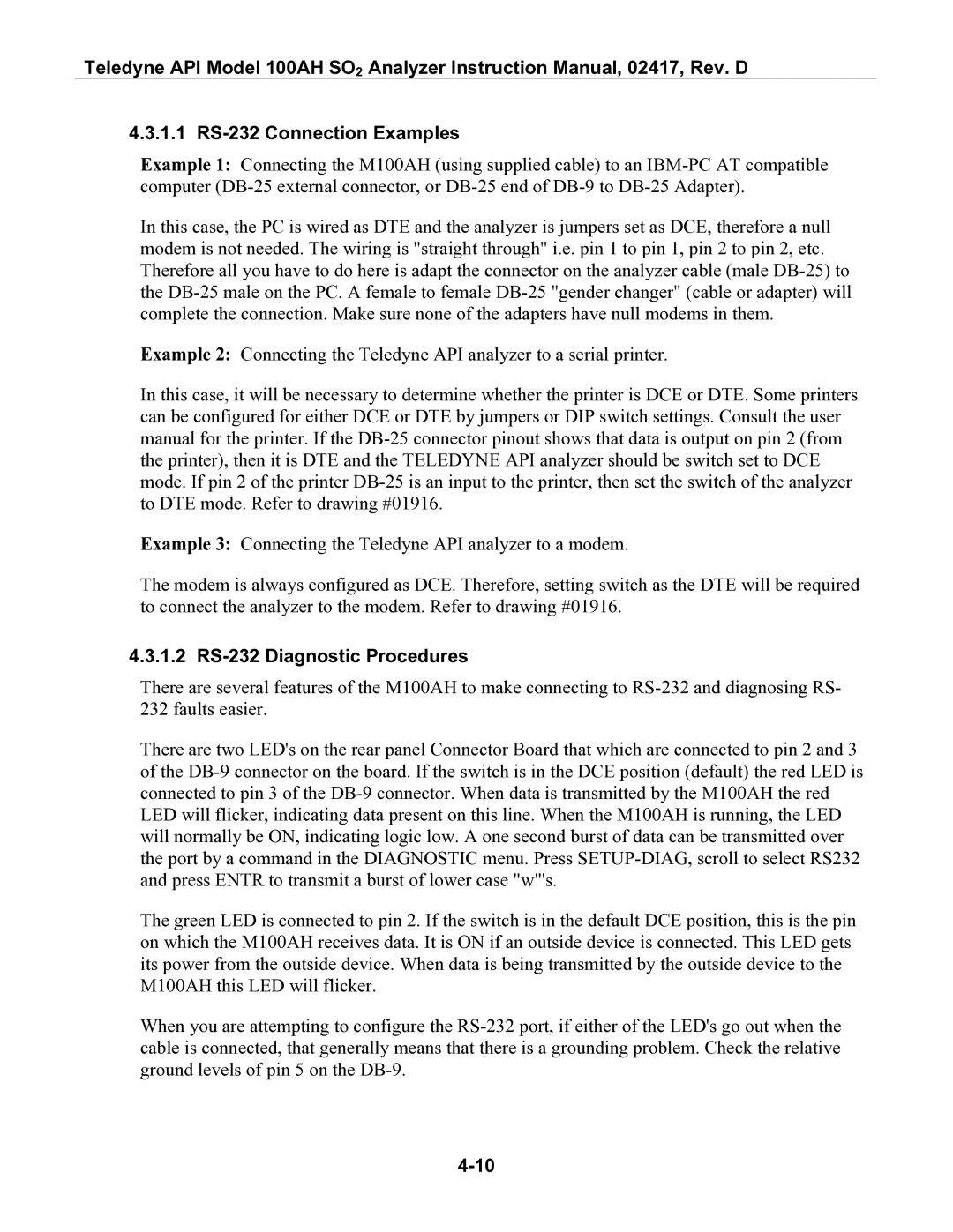 Teledyne 100AH instruction manual 1.1 RS-232 Connection Examples, 1.2 RS-232 Diagnostic Procedures 