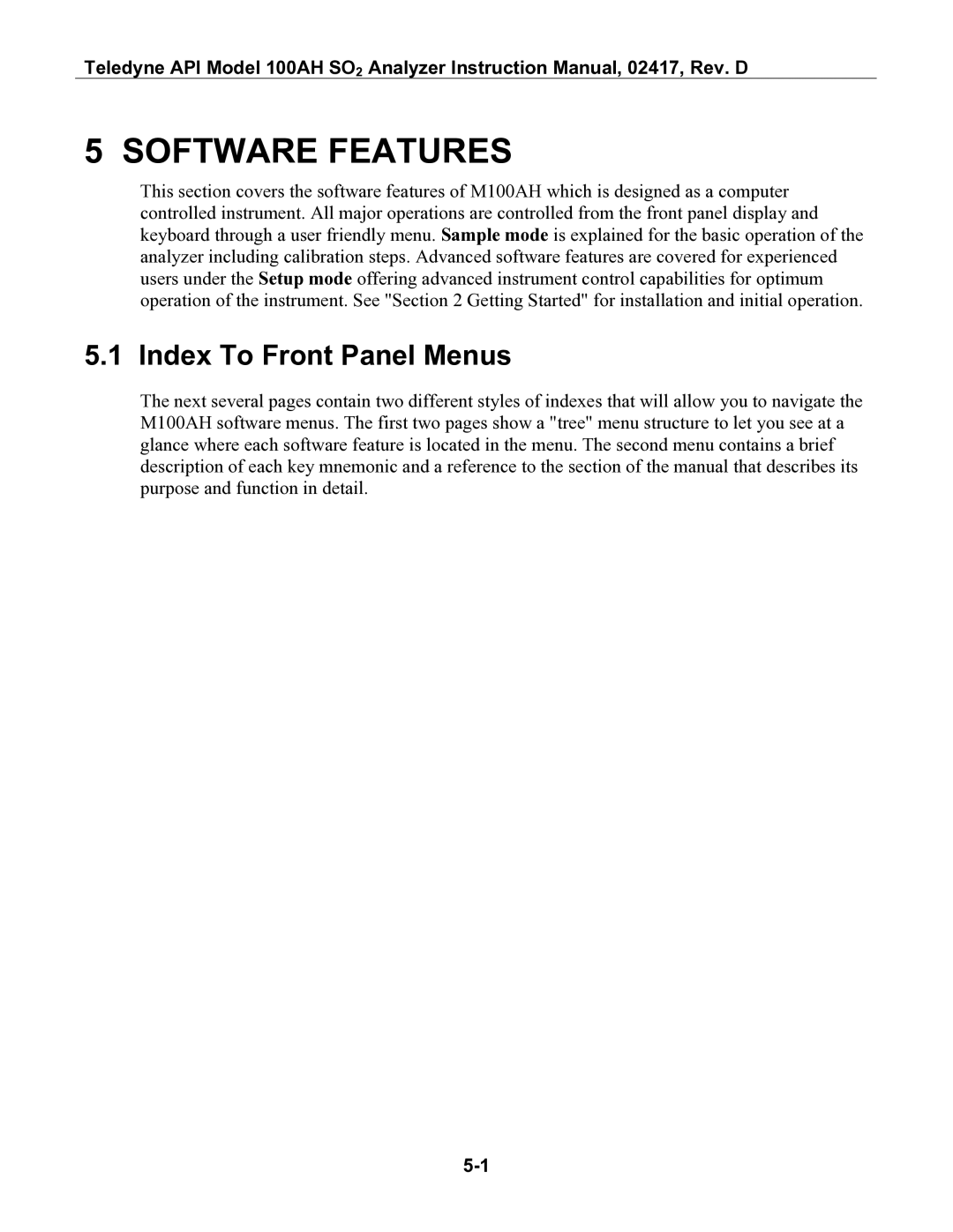 Teledyne 100AH instruction manual Software Features, Index To Front Panel Menus 