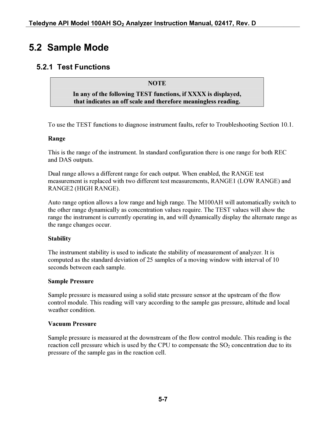 Teledyne 100AH instruction manual Sample Mode, Test Functions 