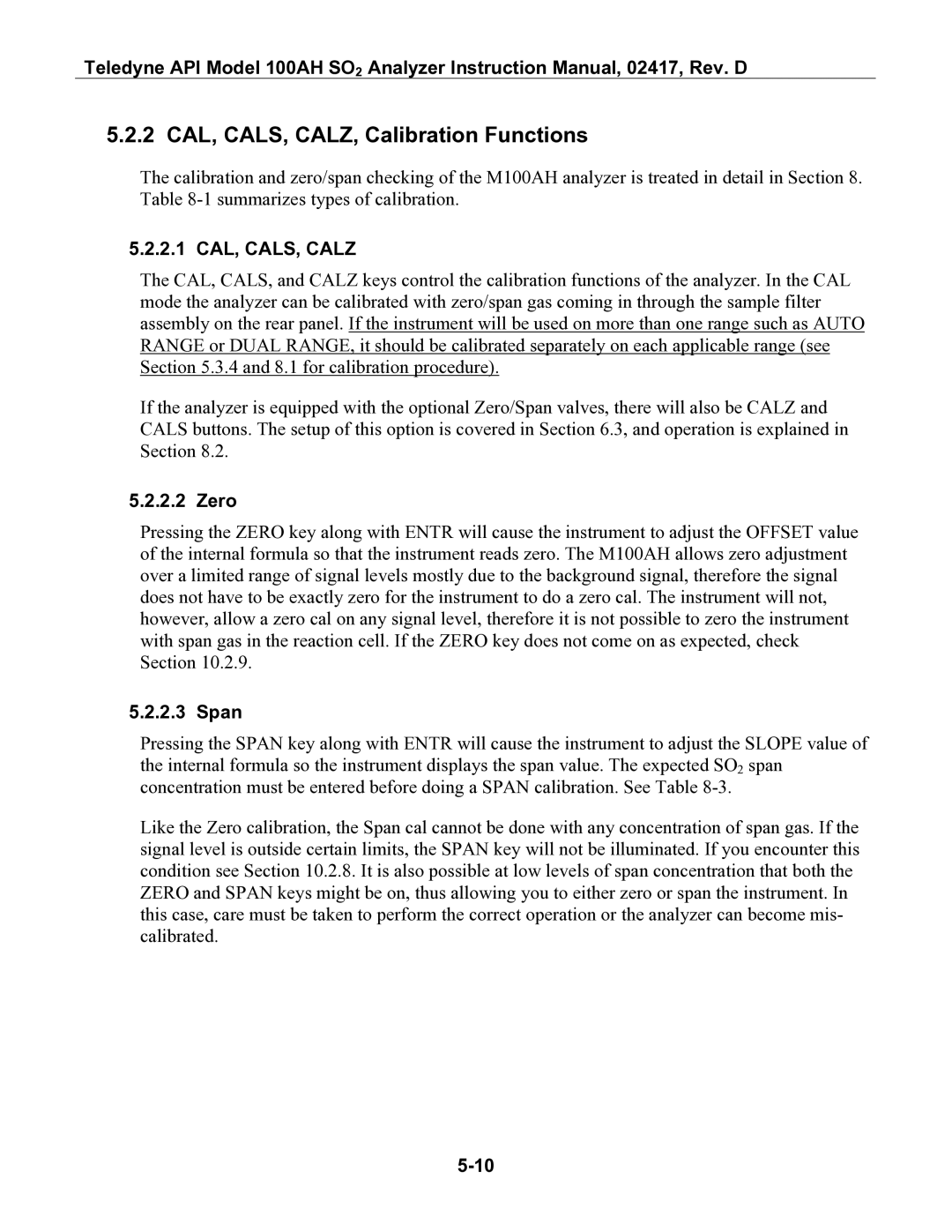 Teledyne 100AH instruction manual 2 CAL, CALS, CALZ, Calibration Functions, 2.1 CAL, CALS, Calz, Zero, Span 