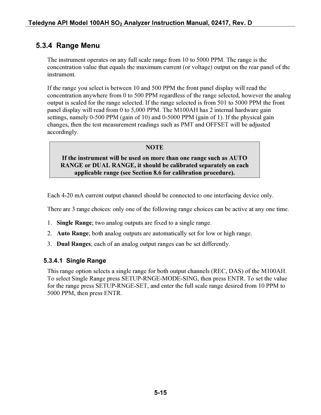 Teledyne 100AH instruction manual Range Menu, Single Range 