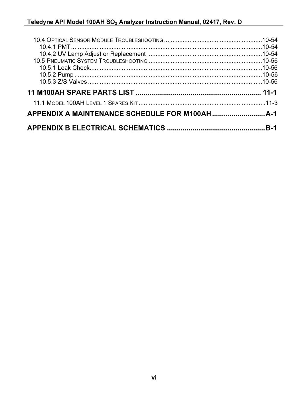 Teledyne instruction manual 11 M100AH Spare Parts List 