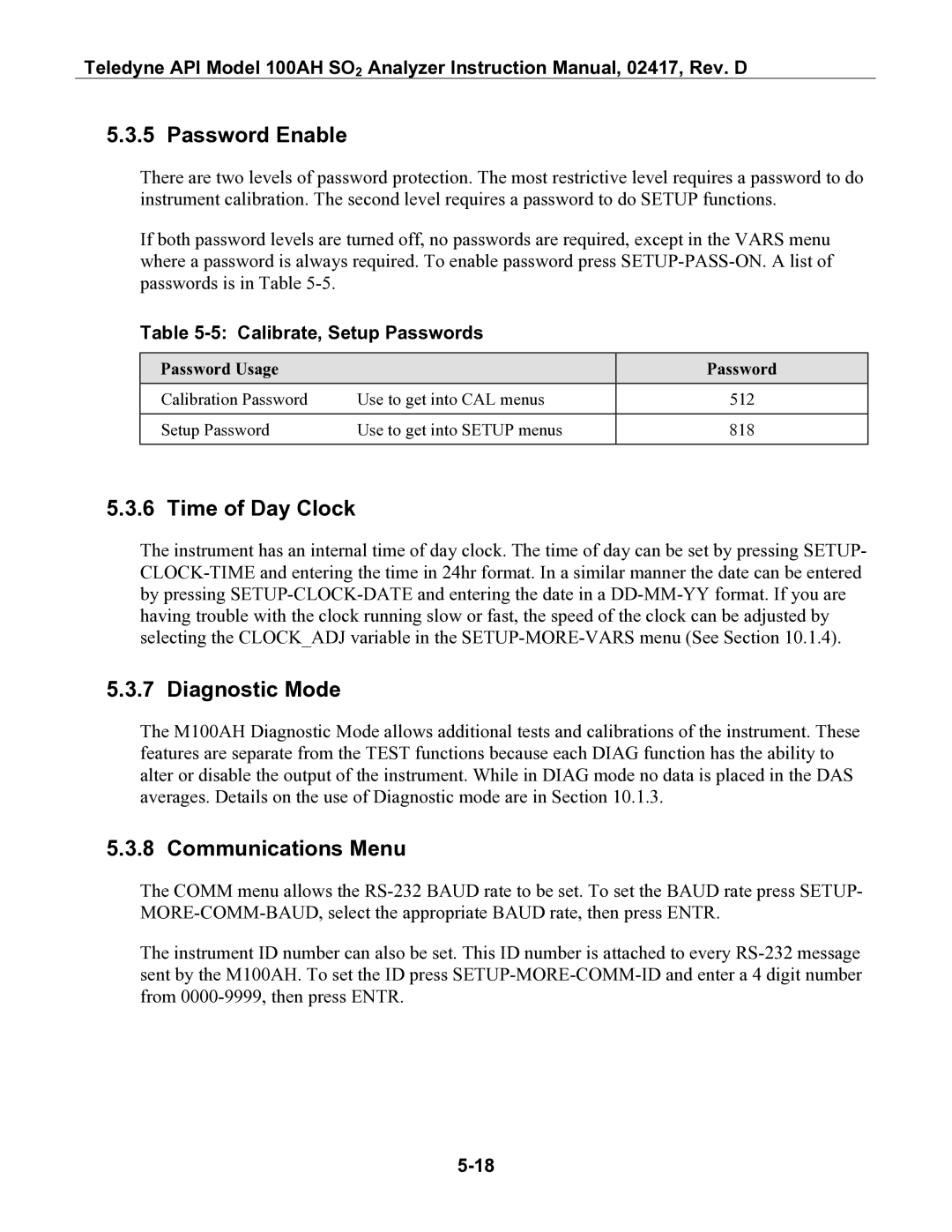 Teledyne 100AH Password Enable, Time of Day Clock, Diagnostic Mode, Communications Menu, Calibrate, Setup Passwords 