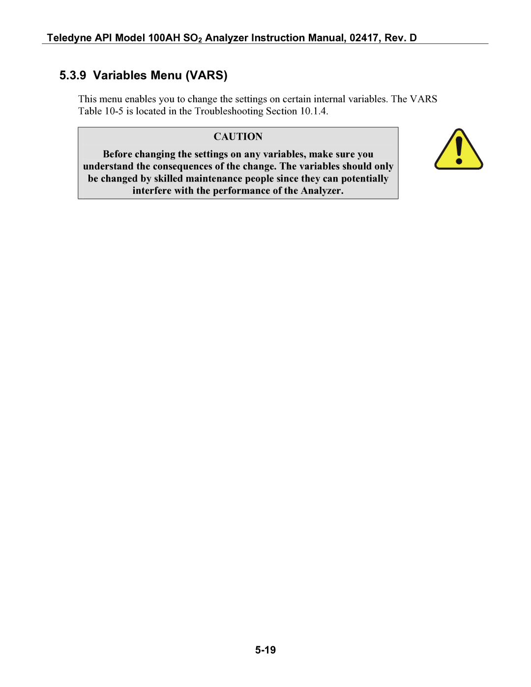 Teledyne 100AH instruction manual Variables Menu Vars 