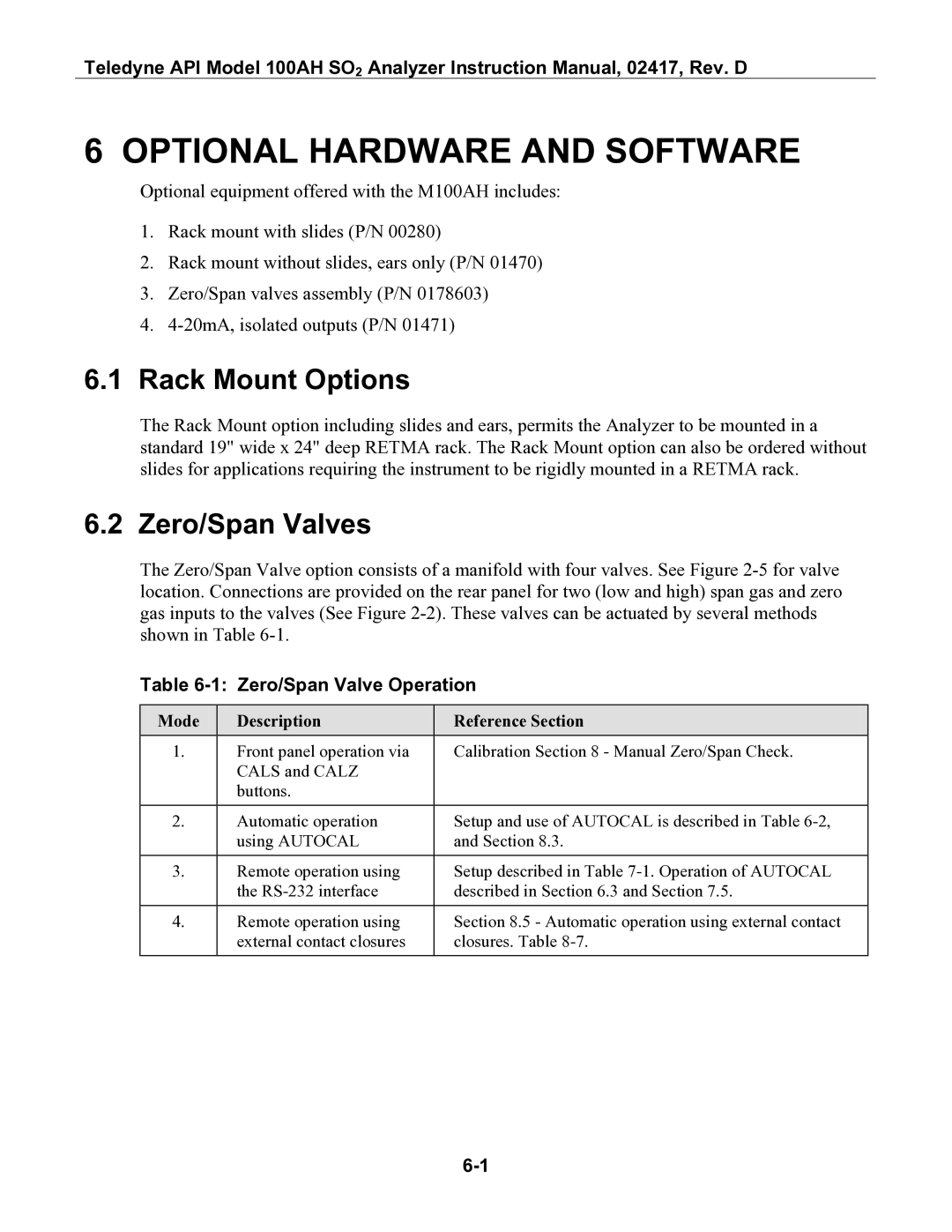 Teledyne 100AH Optional Hardware and Software, Rack Mount Options, Zero/Span Valves, Zero/Span Valve Operation 