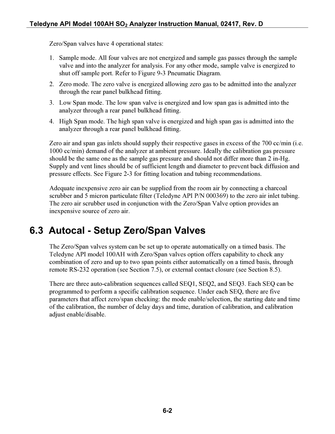 Teledyne 100AH instruction manual Autocal Setup Zero/Span Valves 