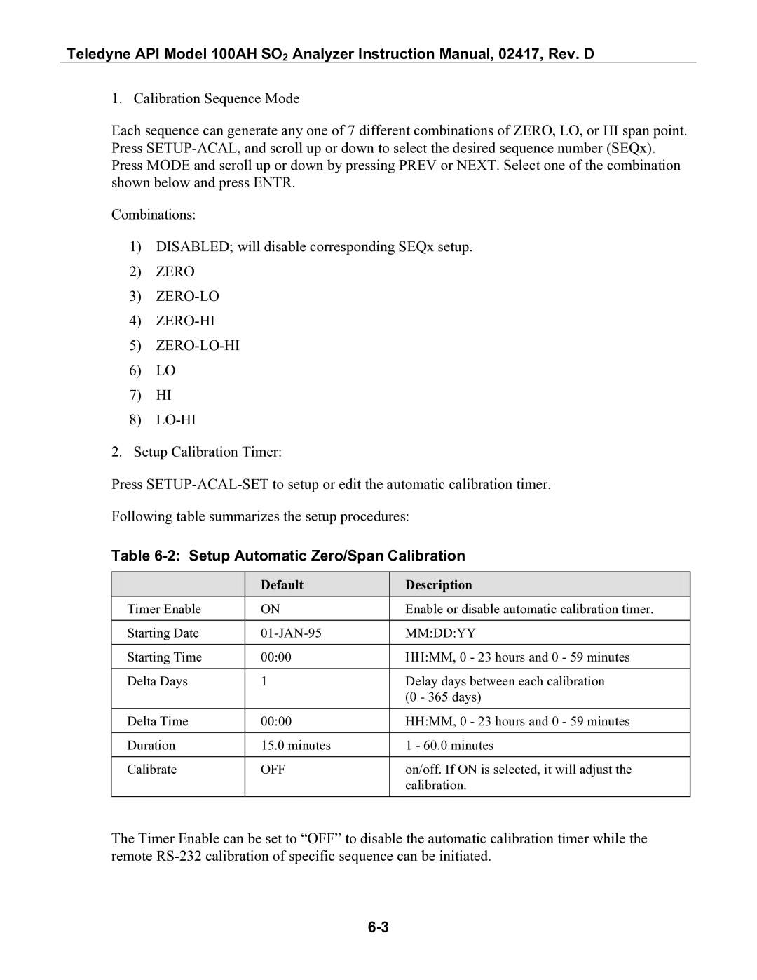 Teledyne 100AH instruction manual Setup Automatic Zero/Span Calibration, Default Description, Mmddyy, Off 