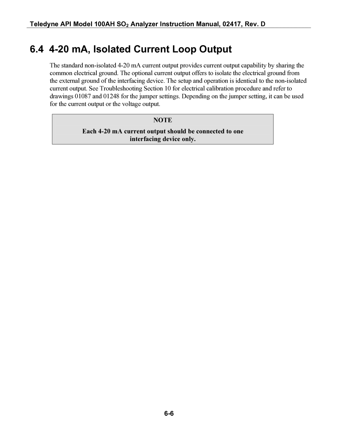 Teledyne 100AH instruction manual 4-20 mA, Isolated Current Loop Output 