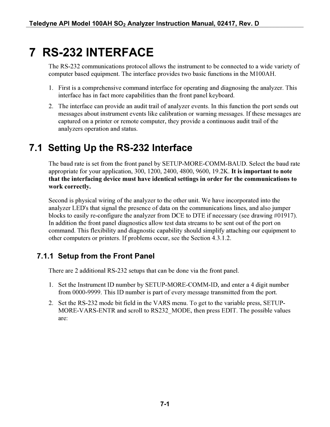 Teledyne 100AH instruction manual Setting Up the RS-232 Interface, Setup from the Front Panel 