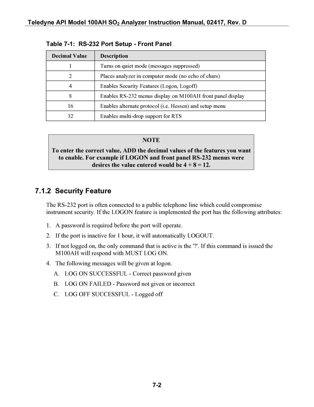 Teledyne 100AH instruction manual Security Feature, RS-232 Port Setup Front Panel, Decimal Value Description 