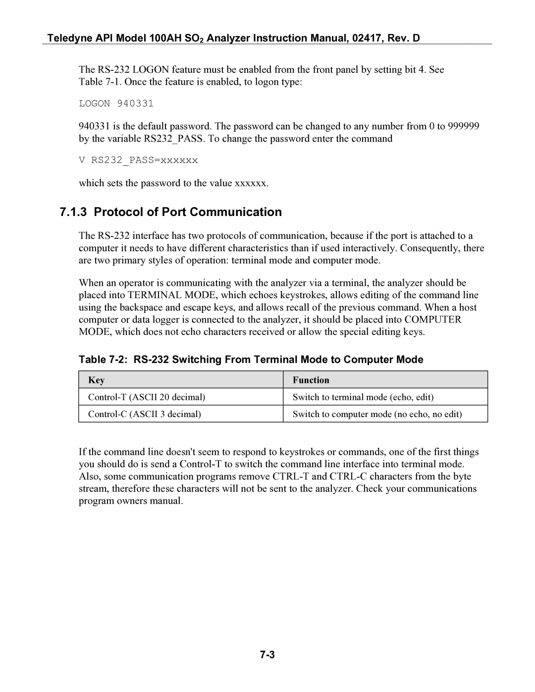 Teledyne 100AH Protocol of Port Communication, RS-232 Switching From Terminal Mode to Computer Mode, Key Function 